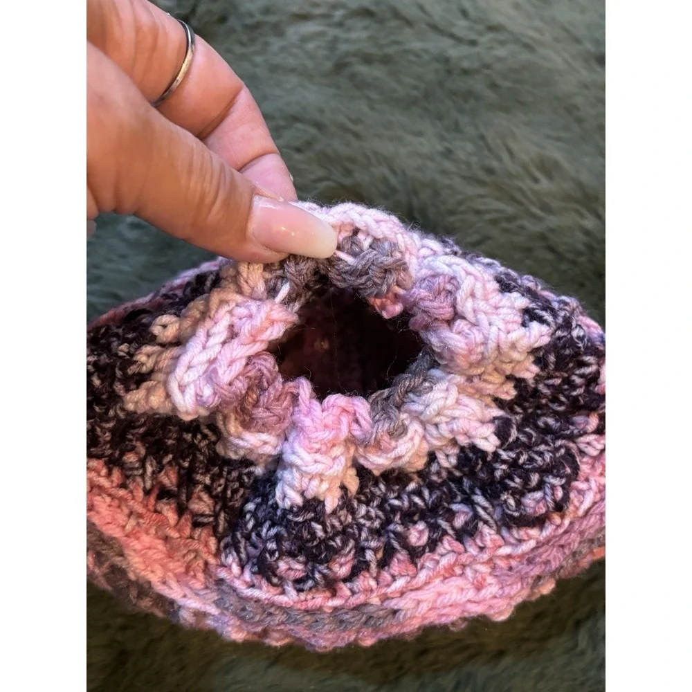 Handmade Crocheted Knit Ponytail Beanie Pink/Black Adult SzLogo Bella‎ Creations